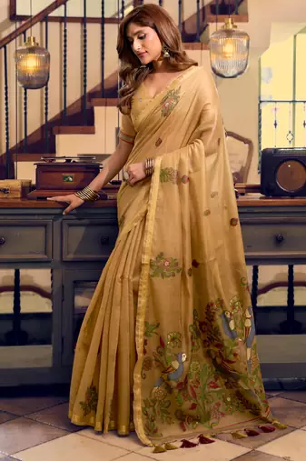 mustard litchi work kolkata cotton blend traditional saree with blouse