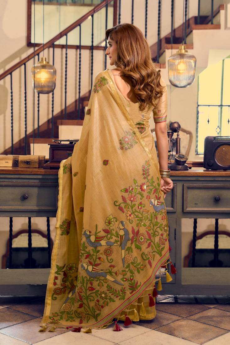 mustard litchi work kolkata cotton blend traditional saree with blouse