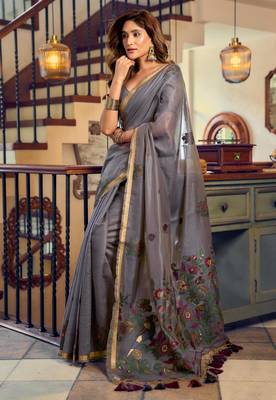 grey litchi work kolkata cotton blend traditional saree with blouse 3