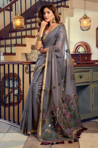 grey litchi work kolkata cotton blend traditional saree with blouse