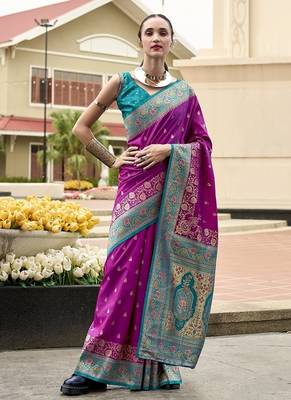 magenta banarasi silk blend festive wear saree 1