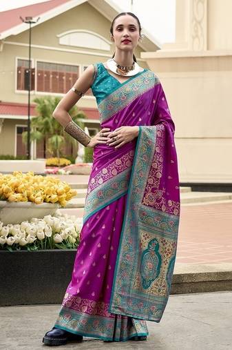 magenta banarasi silk blend festive wear saree