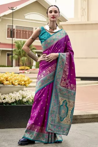 magenta banarasi silk blend festive wear saree