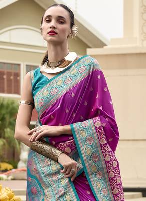 magenta banarasi silk blend festive wear saree 2