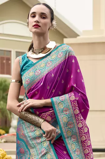magenta banarasi silk blend festive wear saree