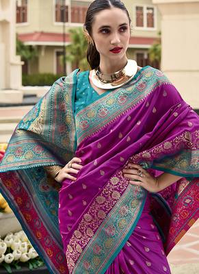 magenta banarasi silk blend festive wear saree 3