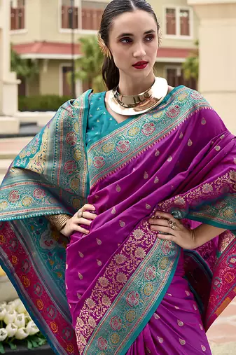magenta banarasi silk blend festive wear saree