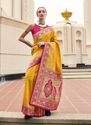 mustard banarasi silk blend festive wear saree 1
