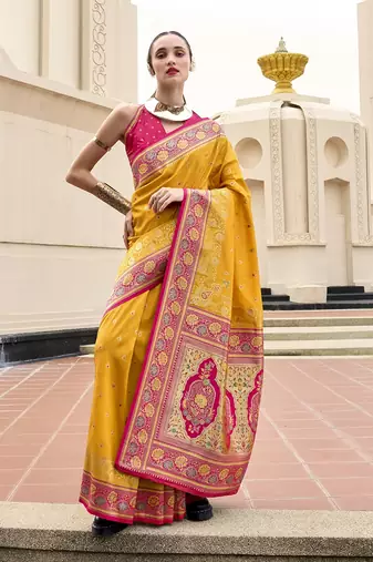 mustard banarasi silk blend festive wear saree