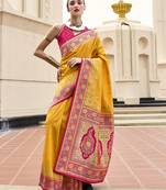 mustard banarasi silk blend festive wear saree