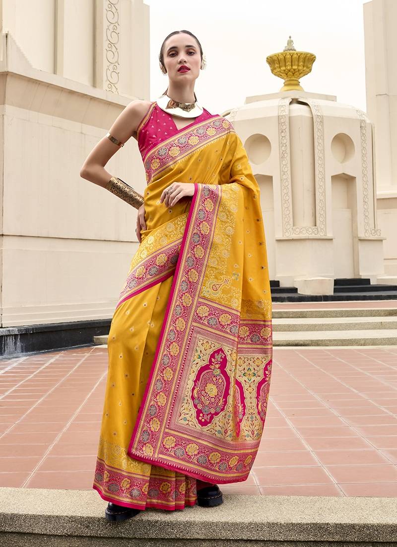 mustard banarasi silk blend festive wear saree