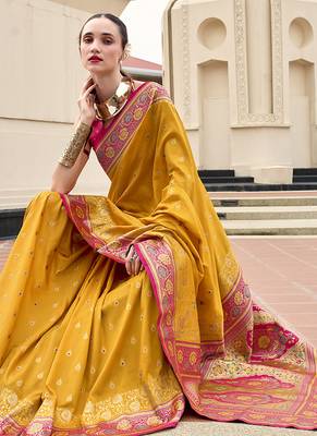 mustard banarasi silk blend festive wear saree 2