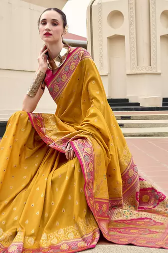 mustard banarasi silk blend festive wear saree