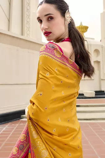 mustard banarasi silk blend festive wear saree