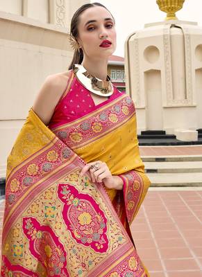 mustard banarasi silk blend festive wear saree 4
