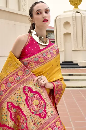 mustard banarasi silk blend festive wear saree