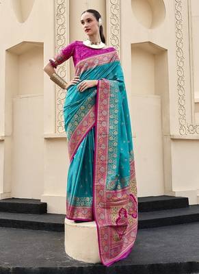 sky blue banarasi silk blend festive wear saree 1