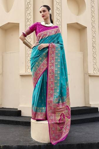 sky blue banarasi silk blend festive wear saree