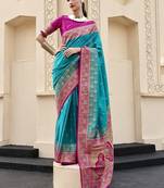 sky blue banarasi silk blend festive wear saree