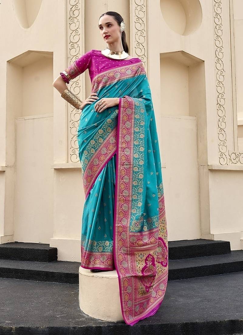sky blue banarasi silk blend festive wear saree