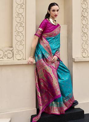 sky blue banarasi silk blend festive wear saree 2