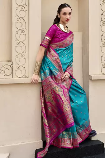 sky blue banarasi silk blend festive wear saree