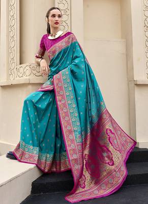 sky blue banarasi silk blend festive wear saree 3