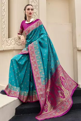 sky blue banarasi silk blend festive wear saree