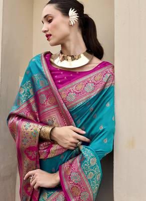 sky blue banarasi silk blend festive wear saree 4