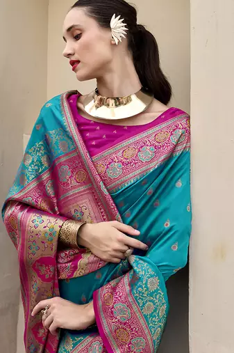 sky blue banarasi silk blend festive wear saree