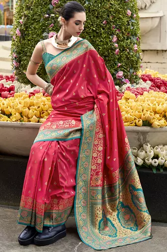 salmon banarasi silk blend festive wear saree