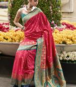 salmon banarasi silk blend festive wear saree