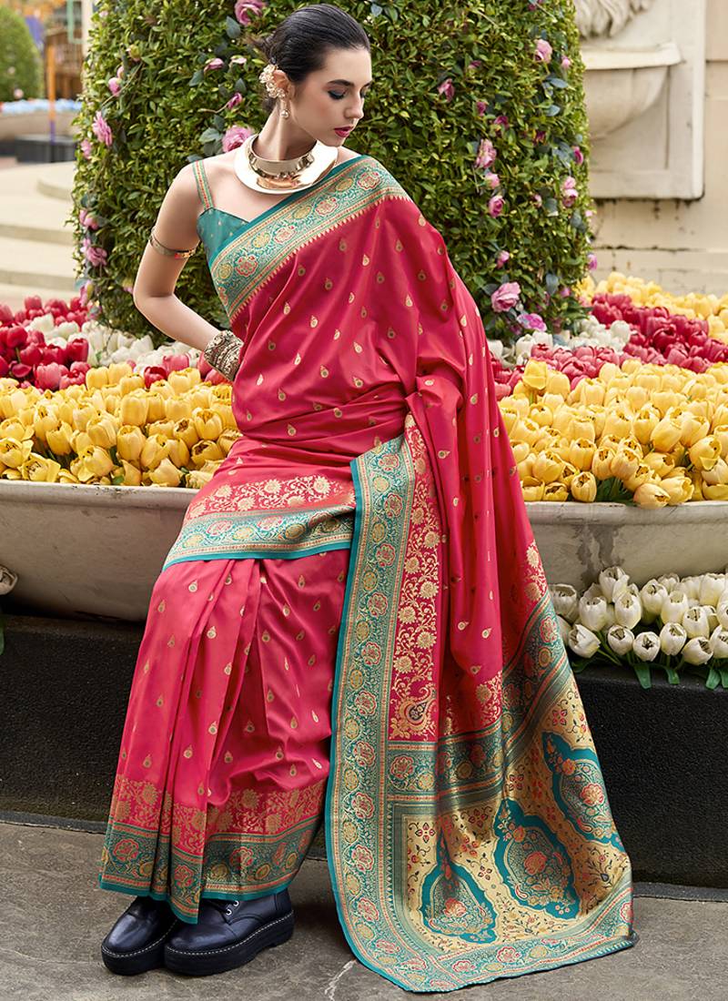 salmon banarasi silk blend festive wear saree