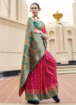 salmon banarasi silk blend festive wear saree 2