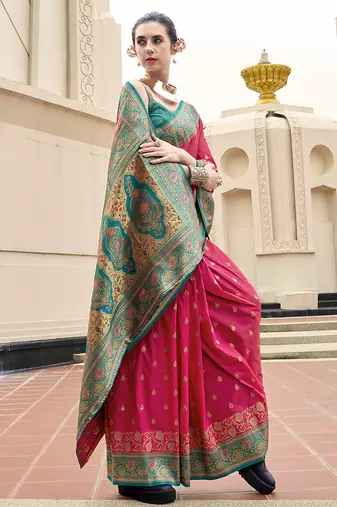 salmon banarasi silk blend festive wear saree