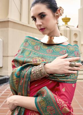 salmon banarasi silk blend festive wear saree 3