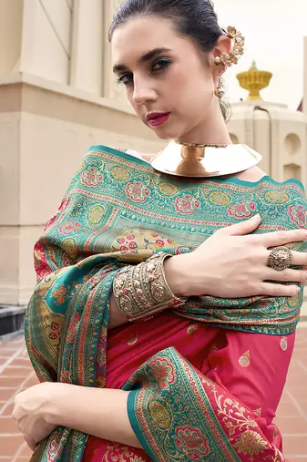 salmon banarasi silk blend festive wear saree