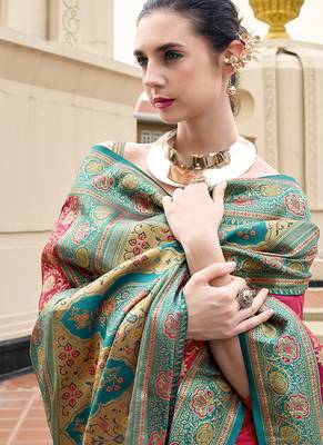 salmon banarasi silk blend festive wear saree 4