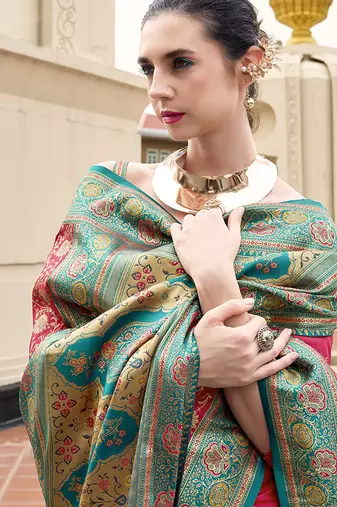 salmon banarasi silk blend festive wear saree