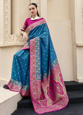 blue  banarasi silk blend festive wear saree 1