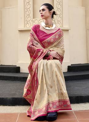 beige  banarasi silk blend festive wear saree 1