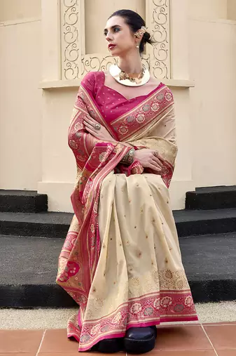 beige  banarasi silk blend festive wear saree