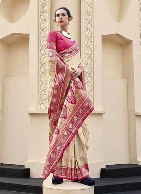 beige  banarasi silk blend festive wear saree 2