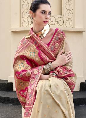 beige  banarasi silk blend festive wear saree 3