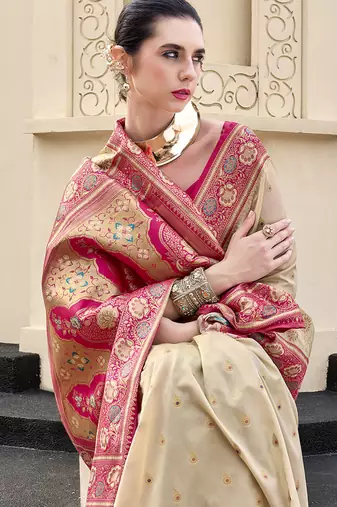 beige  banarasi silk blend festive wear saree