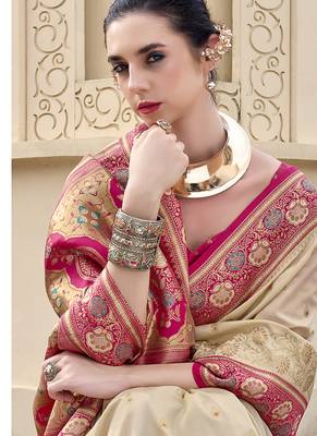 beige  banarasi silk blend festive wear saree 4