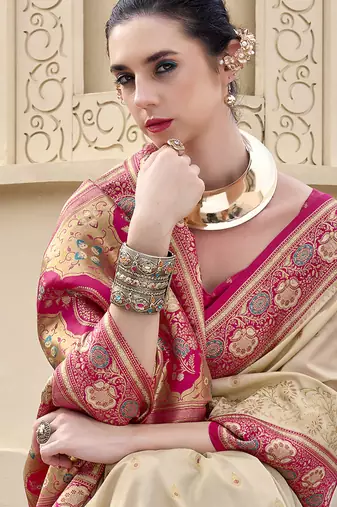 beige  banarasi silk blend festive wear saree