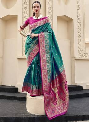 cyan banarasi silk blend festive wear saree 1