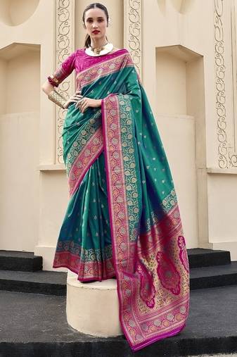 cyan banarasi silk blend festive wear saree