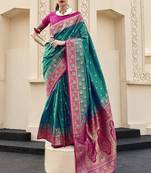 cyan banarasi silk blend festive wear saree